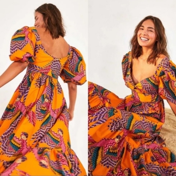 FARM Rio Dresses & Skirts - Farm Rio Macaws Puff-Sleeve Midi Dress     Vibrant Multicolor Baby Doll Size Med